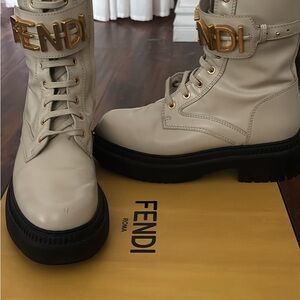 Fendi Beige Combat Boots with Black Soles